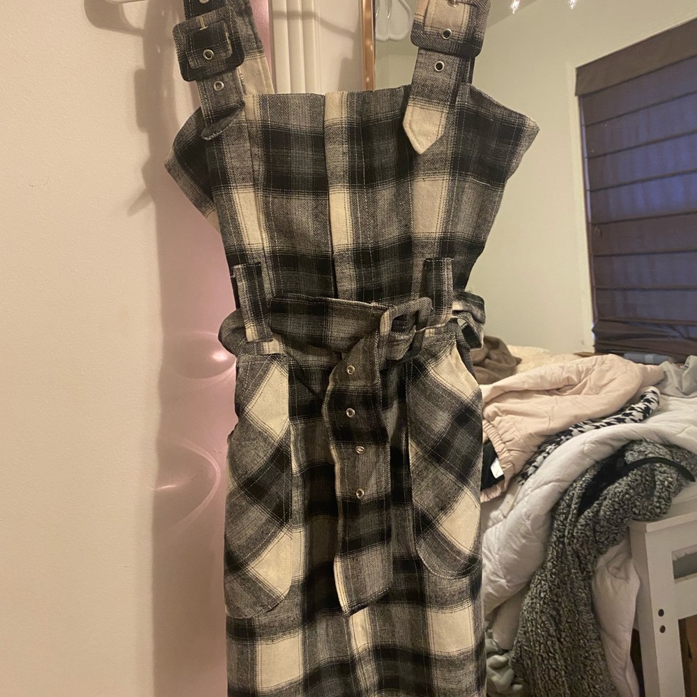 Checked Buckle Detail Pinafore Dress